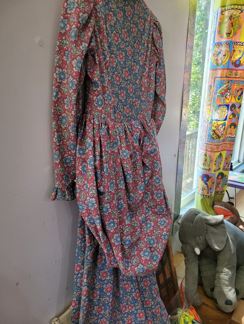 Handmade XS Floral Long-Sleeve Maxi Dress Red Blue Costume Eduardian Victorian